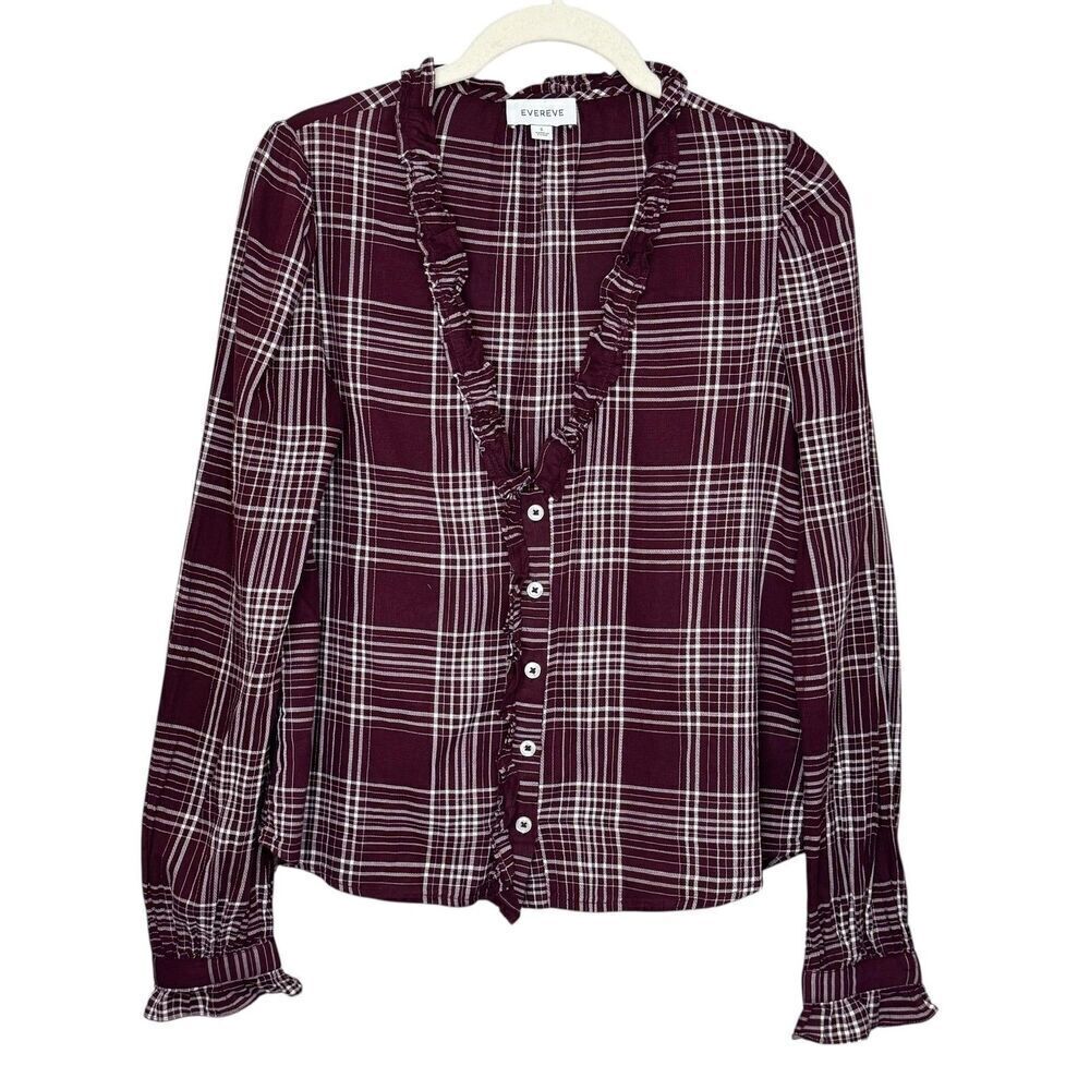 Evereve Shirt Womens Small Burgundy Plaid Ruffle Trim Button Front Long Sleeve